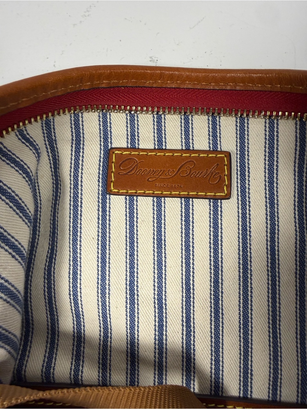 Dooney & Bourke Navy Suede Shoulder Bag with Tan Trim and Red Accent - Picture 6 of 6